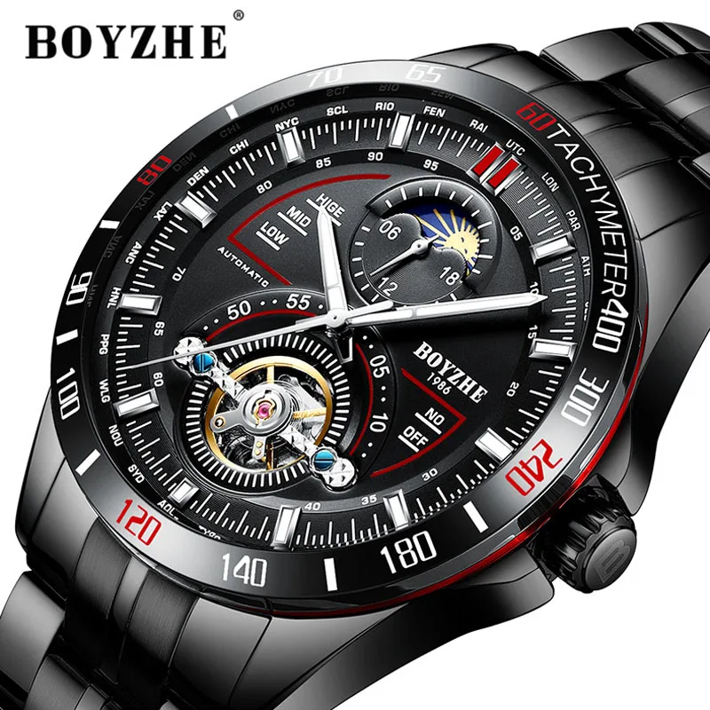 

BOYZHE Automatic Mechanical Watch Men Fashion Top Brand Sport Watch Tourbillon Moon Phase Stainless Steel Watch Relogio Masculin