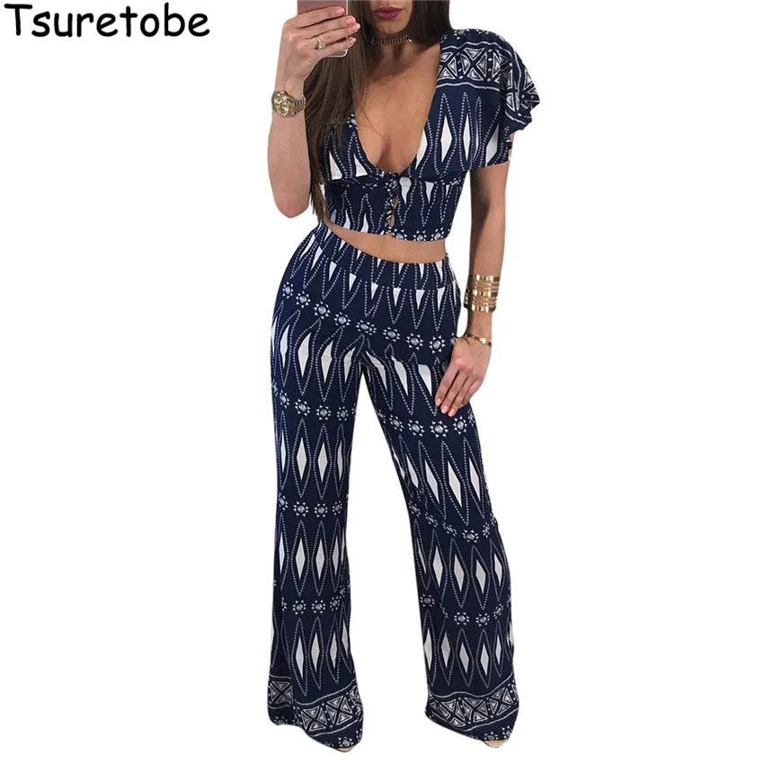 Tsuretobe Summer Vintage Boho Printed Jumpsuits Women Rompers Wide Leg