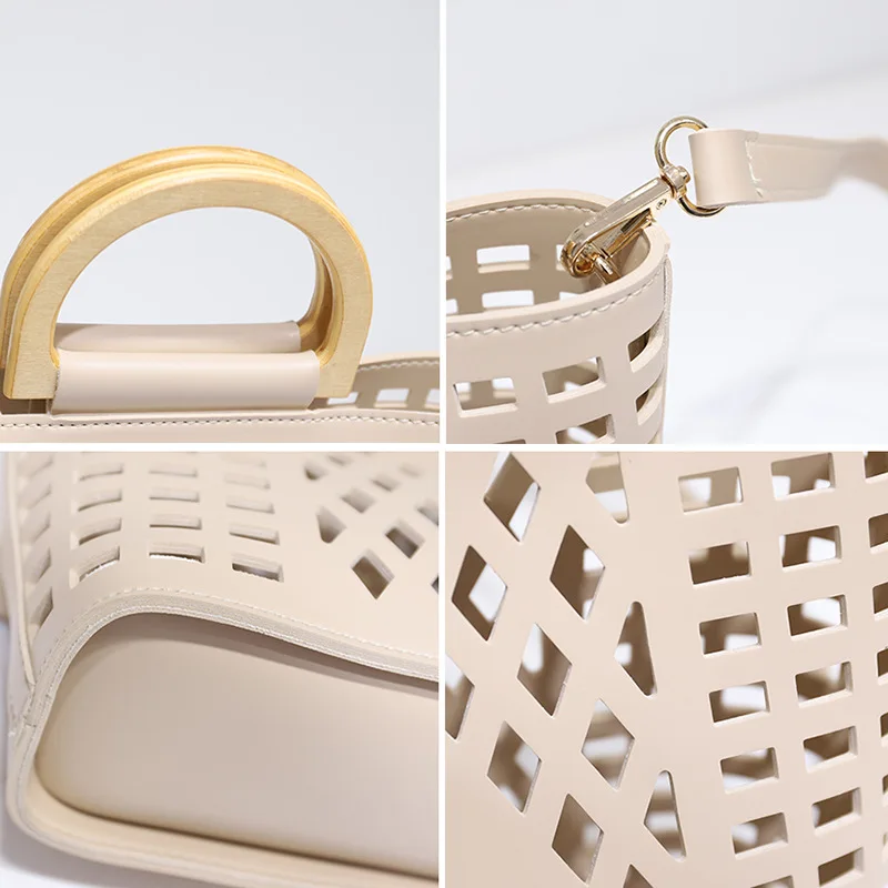 Hollow Composite Bags Women Handbag Wooden Handle Beach Bag PU Leather Lady Shoulder Bag Female Summer Bags