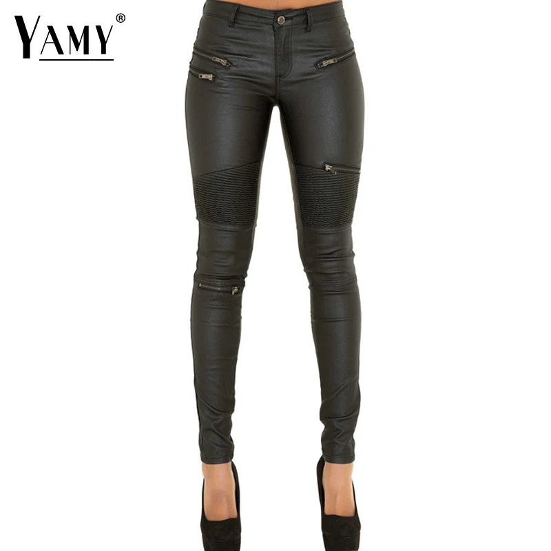 

PU Leather Pants Girls Pants Women 2024 Zippers Low Waist Elastic Skinny Pencil Pants Punk Rock Slim black Trousers Streetwear