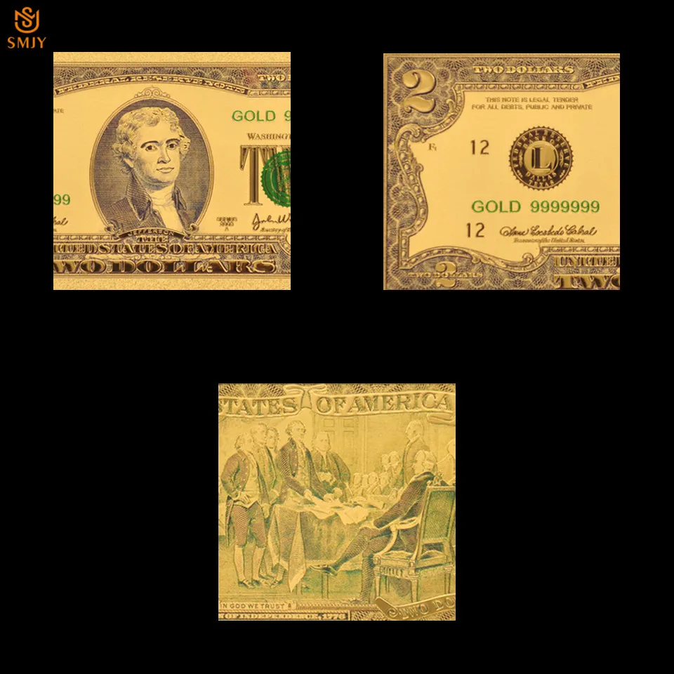 Банкноты US Gold 999 24K бумажные фальшивые монеты на 2 доллара позолоченные банкноты