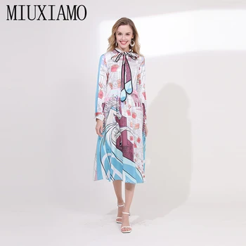 

MIUXIMAO Custom Plus Size High Quality Long Dress 2019 Spring&Summer Horse Print Frenulum Silk Mid-Calf Dress Women