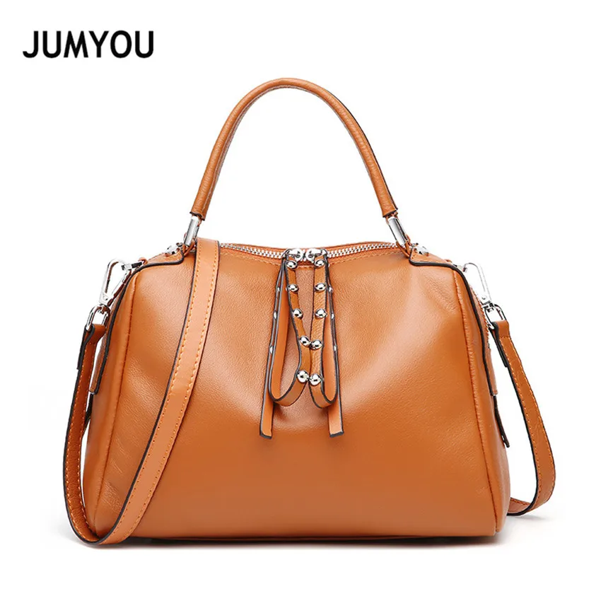 

2019 Newest Genuine Leather Boston Bag Women Trend Rivets Womens Soft Cow Leather Shoulder Bag Female Handbag Real Leather Large