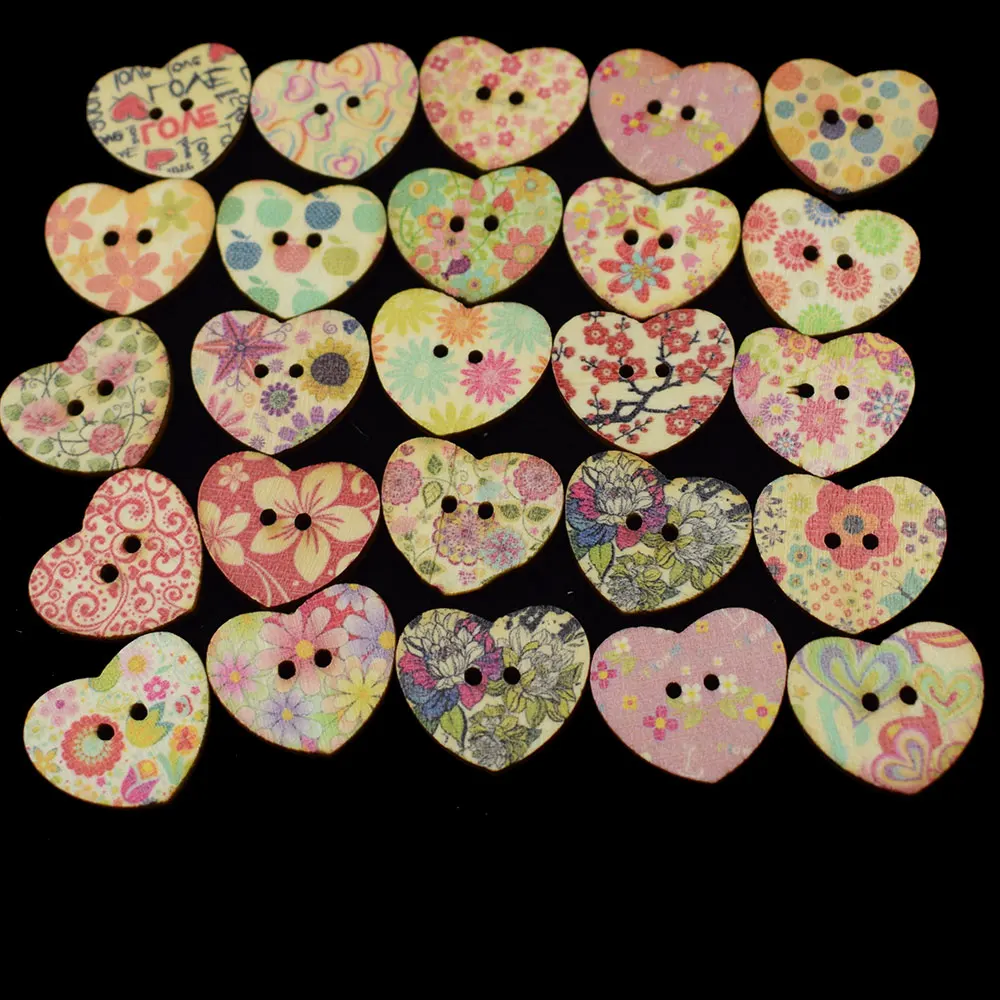 

25MM Wooden Buttons Mixed Color Heart Pattern Decorative Button 2 Holes Fit Sewing Scrapbooking Craft DIY Accessories