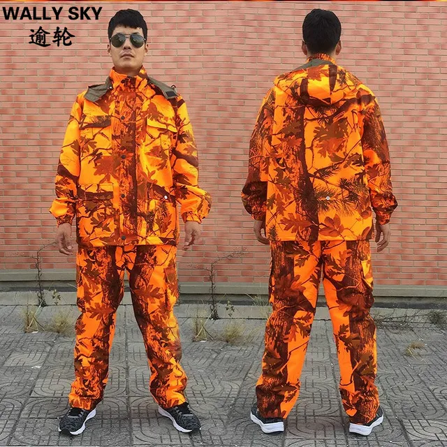 Mens Hunting Shooting Clothing Jacket & Pants Set Ghillie Suit Blaze Orange Camo Maple Leaf