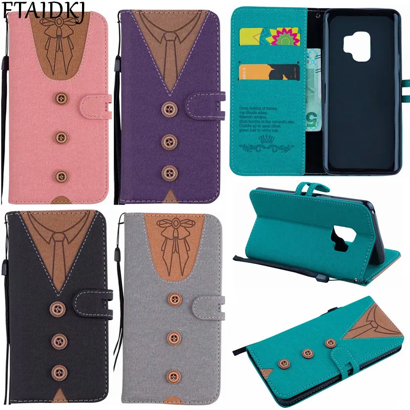 

FTAIDKJ Retro Cloth Skin Button Necktie Bow Tie Flip Wallet Case For Samsung S7 Edge S8 S9 Plus Note 8 9 Card Slot Stand Cover