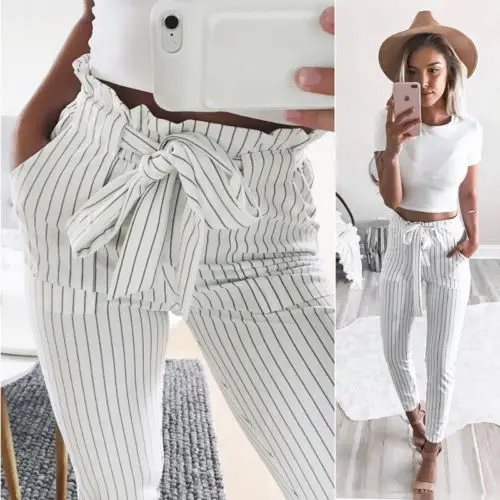 

Trendy New Women High Waist Elastic Strip Printed Chic Fashion Pants Slim Casual OL Lady Solid Pencil Trouser