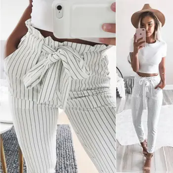 

Trendy New Women High Waist Elastic Strip Printed Chic Fashion Pants Slim Casual OL Lady Solid Pencil Trouser