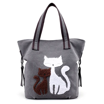 

DCOS-Lovely Canvas Cat Tote Bag Casual Handbag Shopping Bag Shoulder Bags Large Totes(gray)