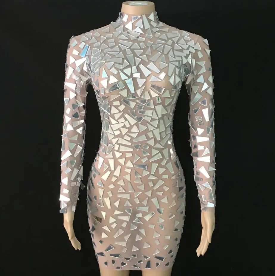 Sparkly Mirrors Perspective Mesh Dress Women Birthday Celebrate See