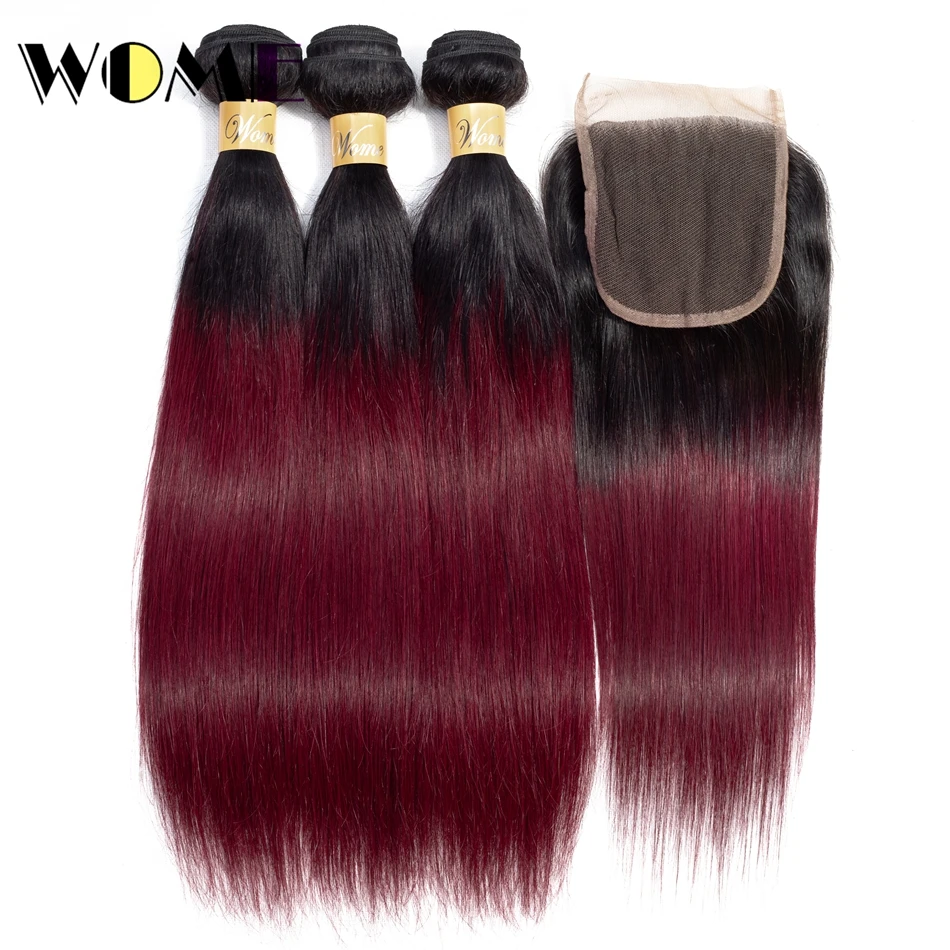 Wome Ombre Straight Bundles Human Hair Bundles With Closure Nonremy 1B/99j 3Pcs Brazilian Hair Weave Bundles With Closure Wome Ombre Straight Bundles Human Hair Bundles With Closure Nonremy 1B/99j 3Pcs Brazilian Hair Weave Bundles With Closure