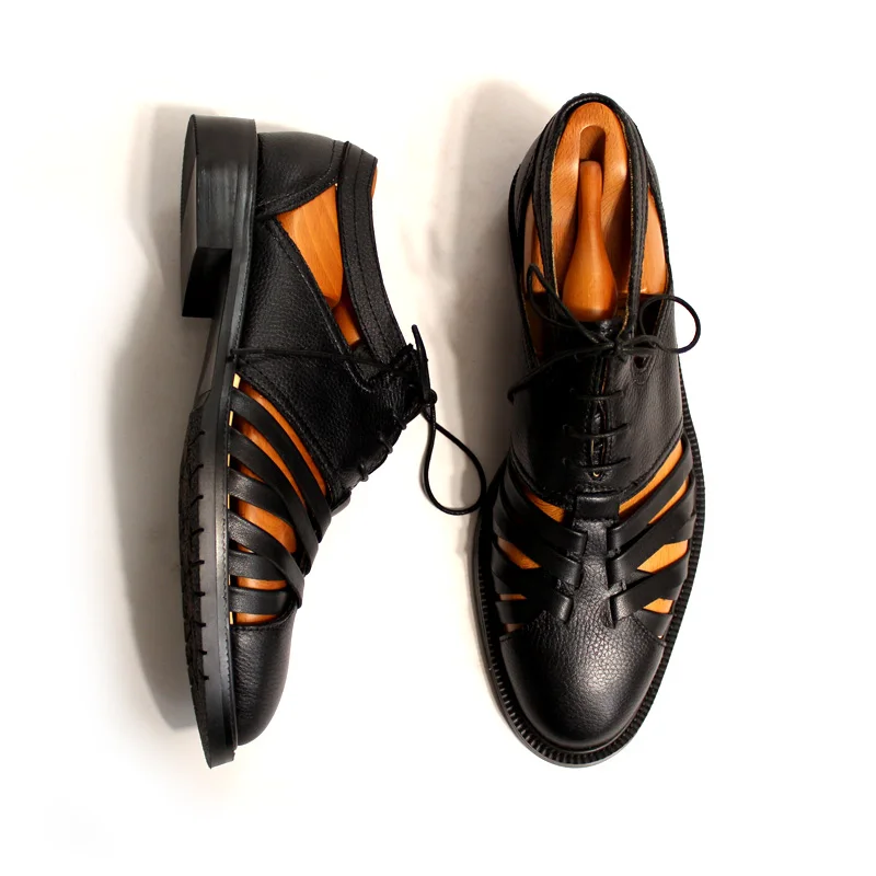 Итальянские мужские сандалии в стиле ретро; Мужская обувь из натуральной кожи со шнуровкой и вырезами; гладиаторы на блочном каблуке с круглым носком; большие размеры