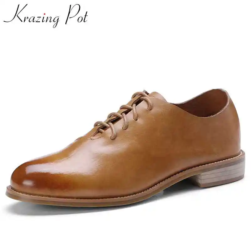 

2018 Krazing Pot smooth full grain leather low bottom round toe neutral style lace up party British school women cozy pumps L57