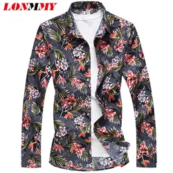 LONMMY платье повседневные мужские рубашки slim fit Мужская гавайская рубашка блузка с цветочным принтом длинным рукавом высокое качество для