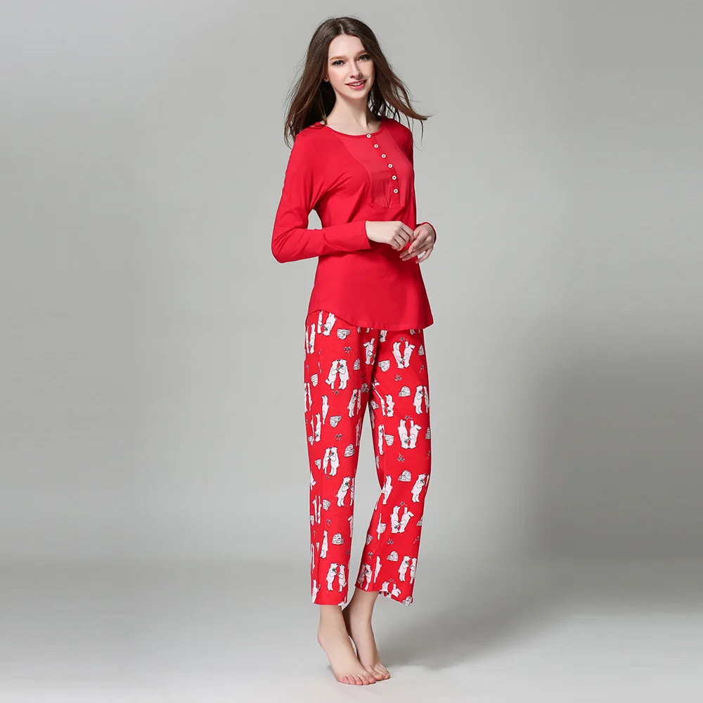 

Women Clothes 2018 Autumn Festive Red Long-sleeve Cotton Thin Pajamas Round Neck Pajama Set Sexy Pyjamas Korean Pijama Mujer