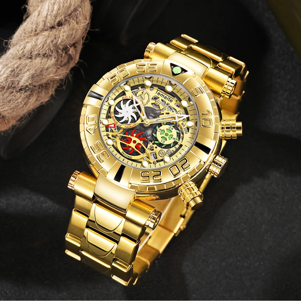 Temiete бизнес часы мужские роскошные модные золотые наручные часы креативные большие красочные кварцевые часы Мужские Спортивные Хронограф Relogio