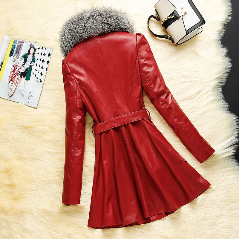 FTLZZ кожаная куртка размера плюс 4XL для женщин воротник из искусственного меха длинное черное красное пальто зимнее повседневное толстый теплый ремень кожаная одежда