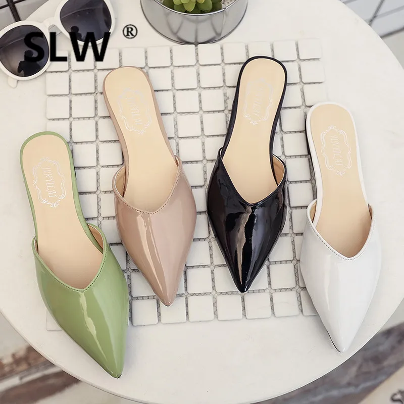 

Slides Fashion allmatch spring Pointed Toe loafer Low Flat Square heel Concise women String Bead Shallow closed toe modis mule