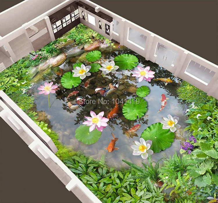 Пользовательский размер 3D настенной бумаги для ванной комнаты ПВХ износостойкая Нескользящая настенная бумага Лотос бассейн мандарин утка пейзаж фото обои