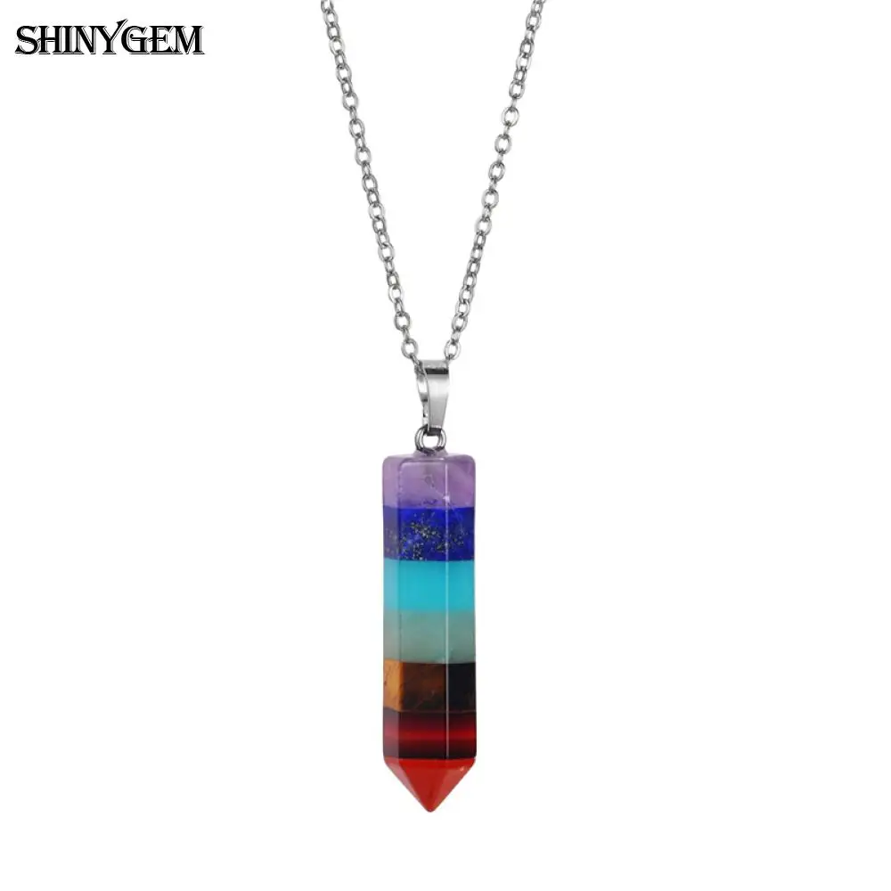 

ShinyGem Rainbow 7 Chakra Column Necklace 7 Colors Carnelian Quartz Natural Stone Necklace Fashion Statement Necklaces For Women
