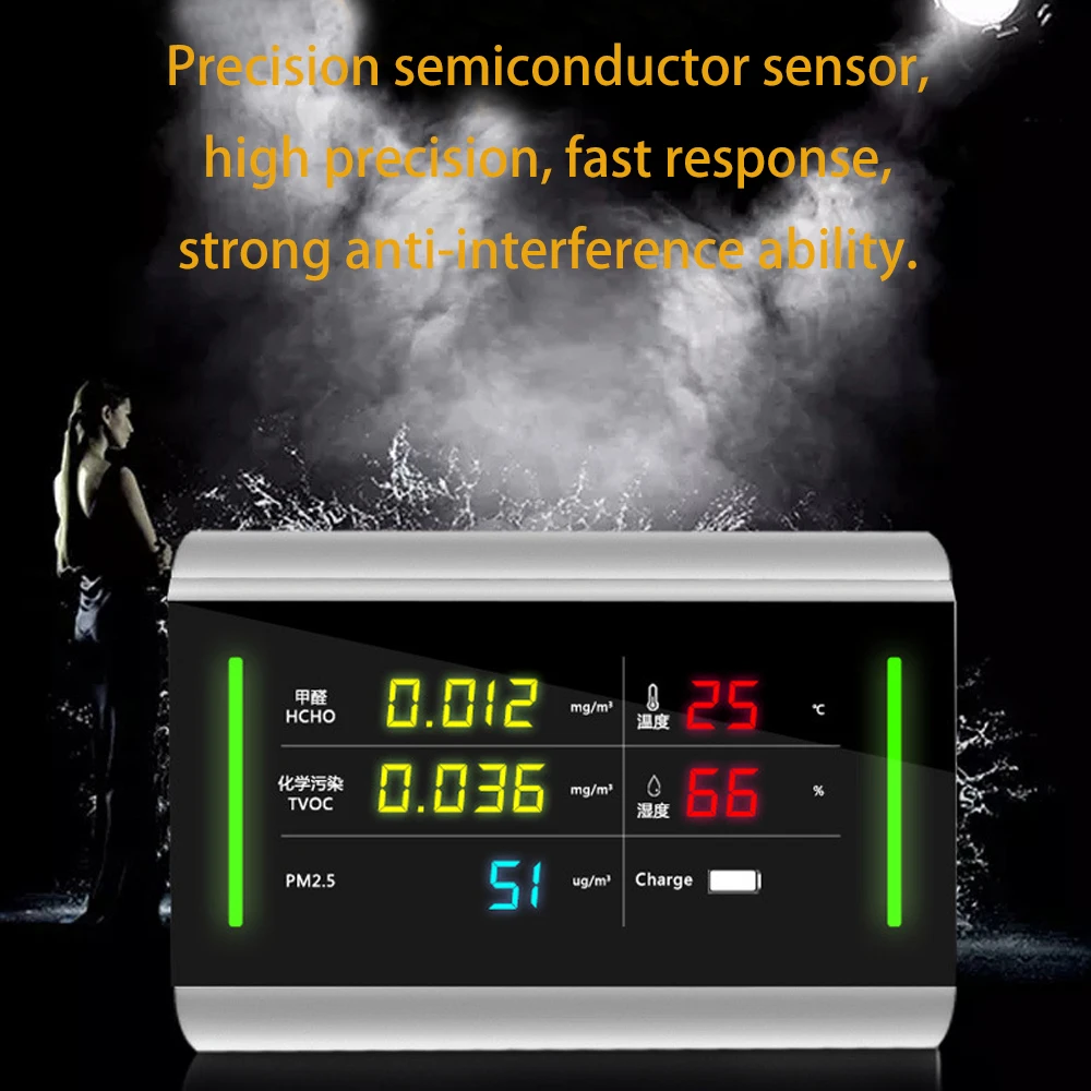 

5-in-1 Digital USB Rechargeable TVOC HCHO Formaldehyde Detector Air Quality Analyzer Temperature and Humidity Meter Display