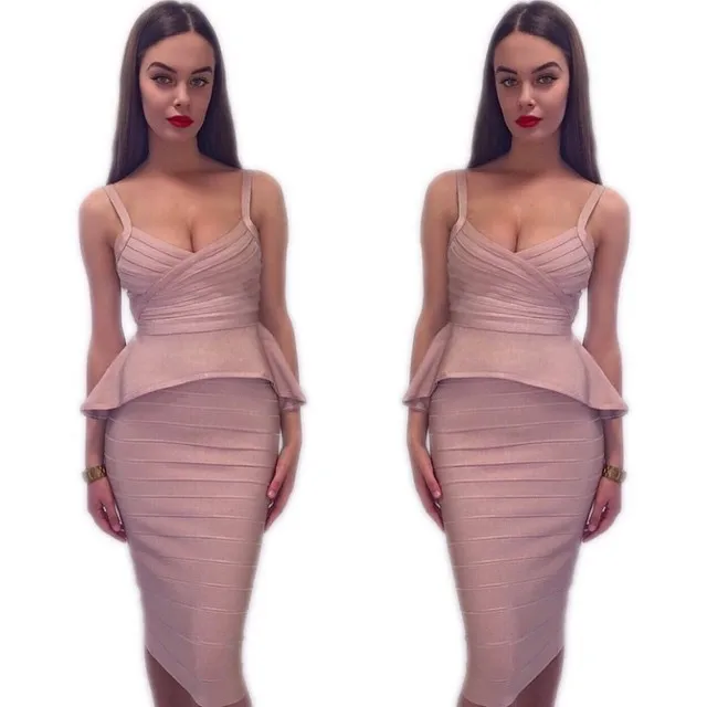 

2016 Runway Fashion Dress Women's New Pink Peplum Bandage Bodycon Two Pieces Dresses