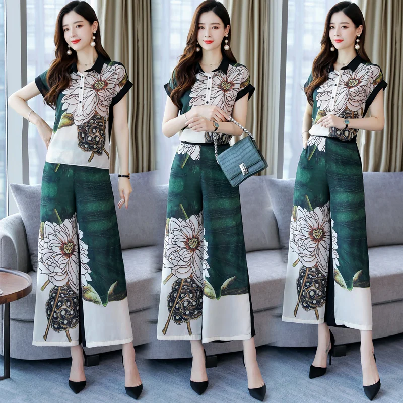

High quality women summer floral blouse suits lady two pieces set clothes wide leg pant suits free shipping