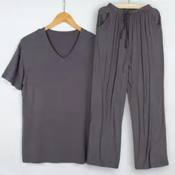 Летние пижамы для мужчин модальные тонкий pijama hombre v-образным вырезом с короткими рукавами футболка брюки сна комплект из двух предметов