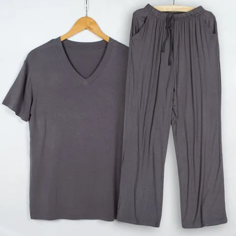 Pijamas de Verão Hombre com Decote em v Calças de Manga Homens Modal Fina Pijama Curta Tshirt Dormir Duas Peças Conjunto Loungewear Tamanho Grande
