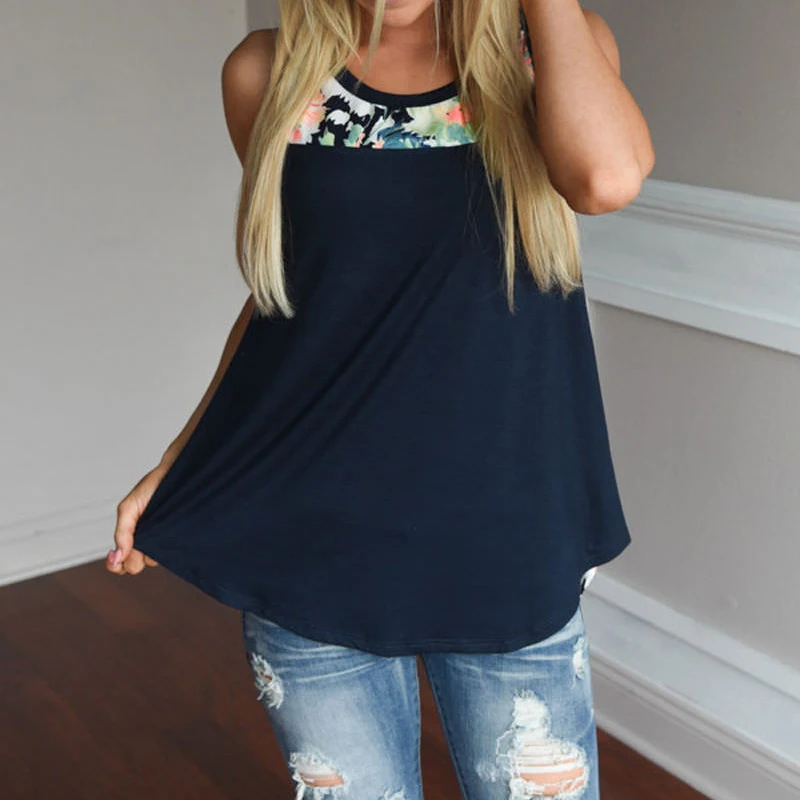2019 Women Floral Printed T-shirt Womens Casual Loose Patchwork Tank Tops Ladies Summer Sleeveless Top Women's Clothes Plus Size