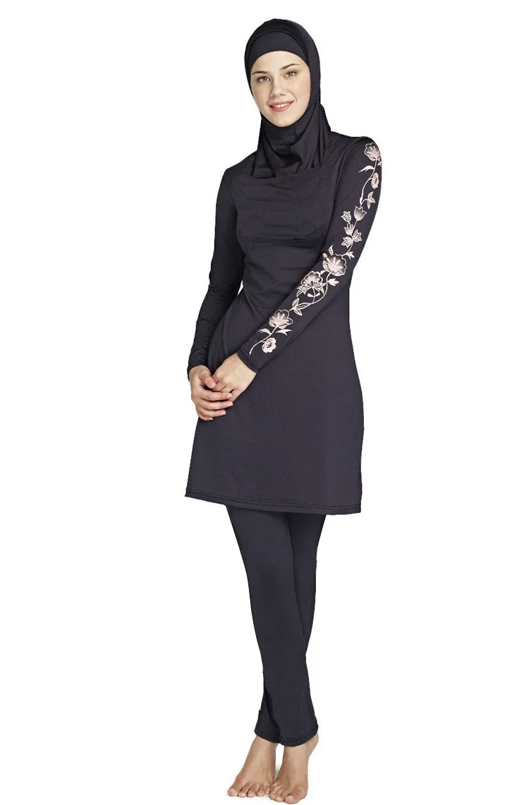 Купальный костюм мусульмане женщины плюс размер S-4XL Цветочный купальник хиджаб длинный Исламский купальник одежда для серфинга Спорт Буркини купальный костюм полное покрытие - Цвет: Black