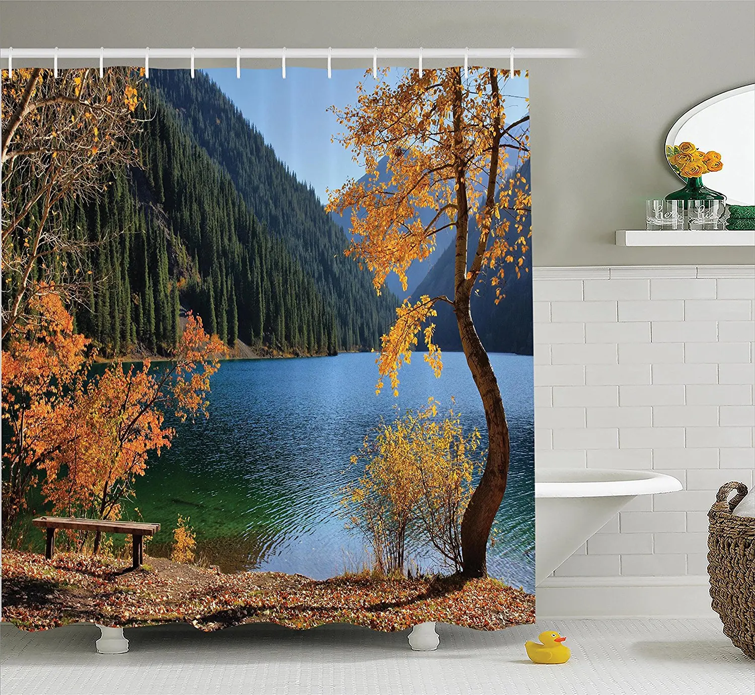 Farm House Decor Shower Curtain Set Autumn Season By Lake And Mountain