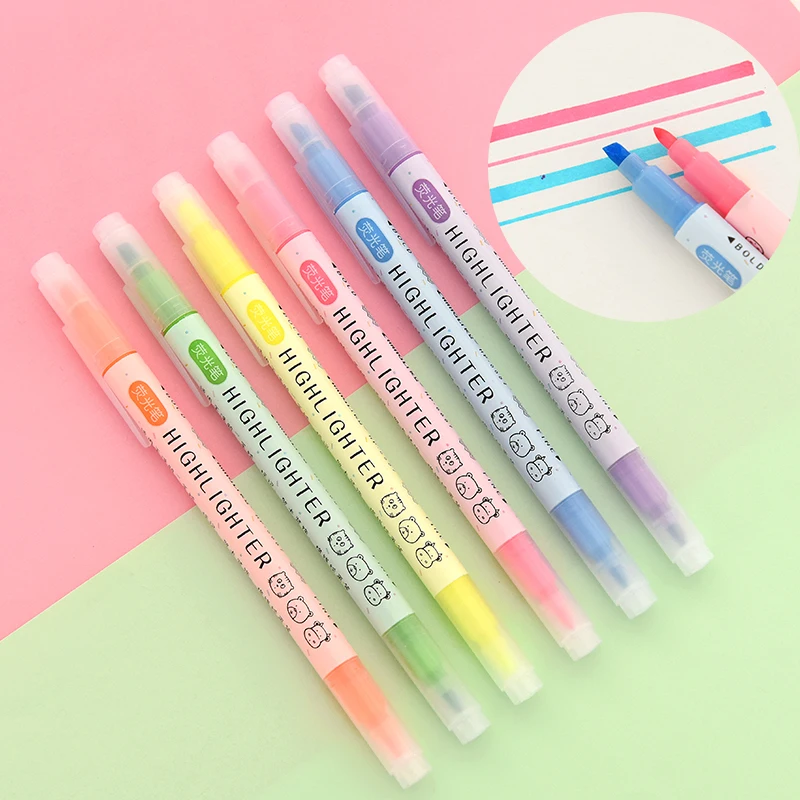 6 Colors/lot creative Candy color Double Highlighter Marker Pen set Student Graffiti Painting drawing school office supplies