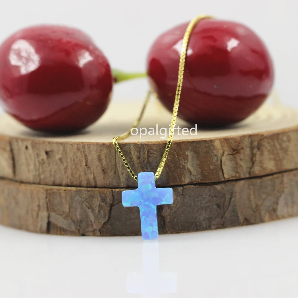 

(1pc/lot)Free Shipping Blue 9*12mm Synthetic cross Opal necklace 925 Silver Gold chain Necklace cross necklace wholesale price