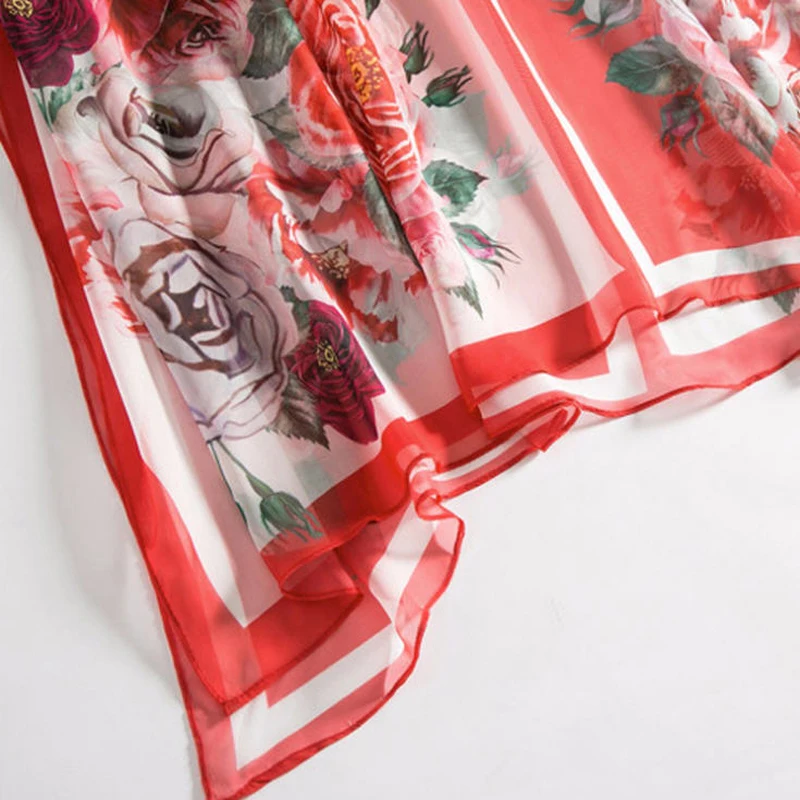 De 2018 Printemps Longue En Soie Manches Fleur Rose Féminine Robe Col B030 Arc Femmes Été Chauve Lâche Mousseline Maxi Robes Imprimé Printed souris ptqqwPE