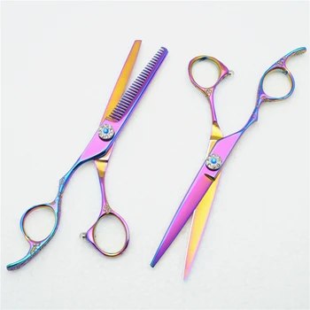

2Pcs Left Hand 6 inch Customized Logo Purple Professional Human Hair Scissors Hairdressing Scissors Cutting Shears + Thinning