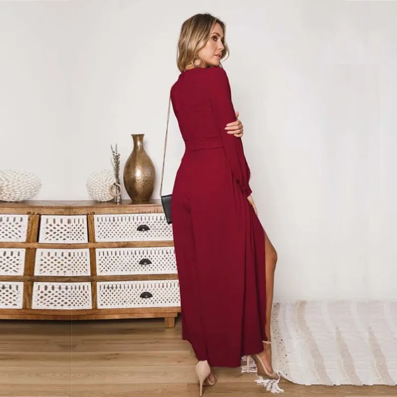 yinlinhe Red Women Jumpsuit Long Pant Solid V neck Autumn Rompers Long Sleeve High Split Sexy Belt Bow Slim Jumpsuit 4