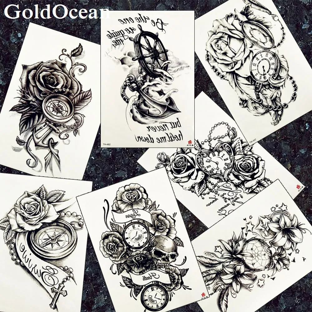 Сексуальные черные искусственные татуировки GoldOcean наклейки на руку с цветами
