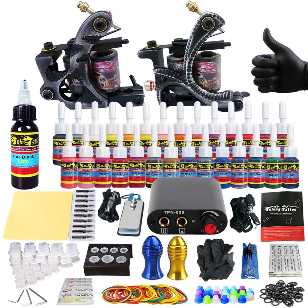 

Solong Tattoo Complete Tattoo Kit for Beginner Starter 2 Pro Machine Guns 28 Inks Power Supply Needle Grips Tips TK204-2