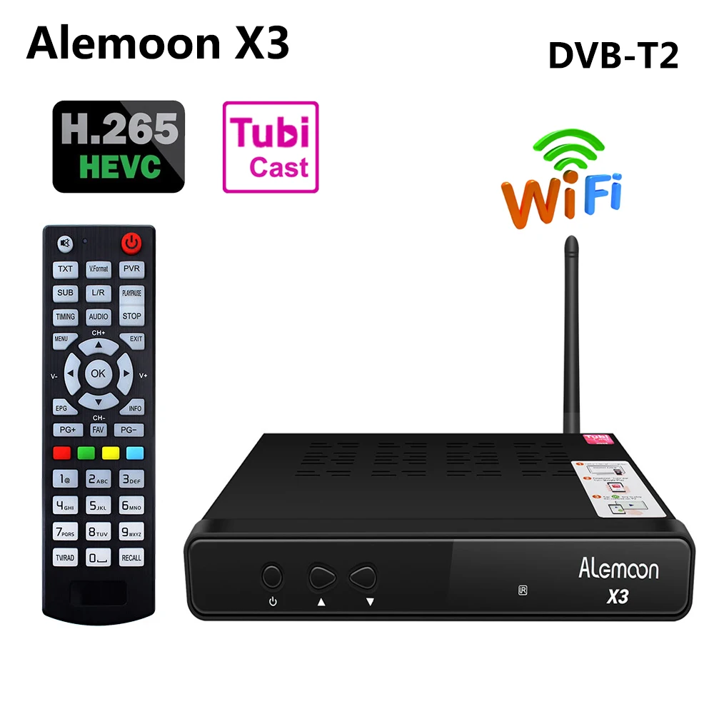 

ALEMOON X3 DVB-T2 Digital Terrestrial TV Receiver H.265 Decoder 1080P HD 2.4G WIFI Casting Receptor+1 Year Europe Clines Cccam