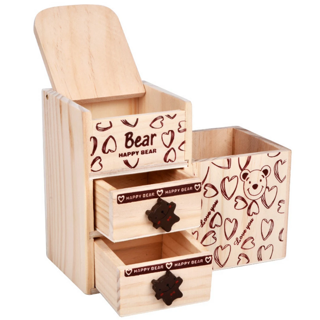 

Wooden Box Cute Bear Pattern Pen Container Storage Box Table Top Pen Holder Organizer Case Organizer for The Office