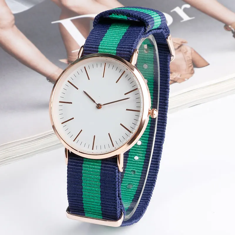 

Blue And Green Stripe Nylon Band Strap Modern Korea Style Ourdoor Quartz Wrist Watch Fashion Minimalist Student Boy Gift