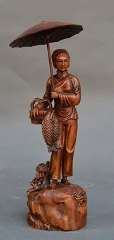 

Crafts statue 9" Chinese Boxwood Carved Belle Beautiful Woman Hold Fish Basket Umbrella Statue