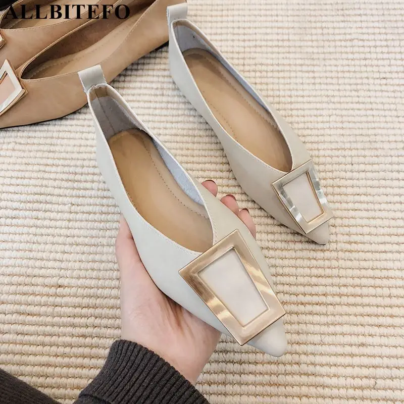 

ALLBITEFO new spring genuine leather pointed toe comfortable women flats high quality women flats sneakers shoes women heels