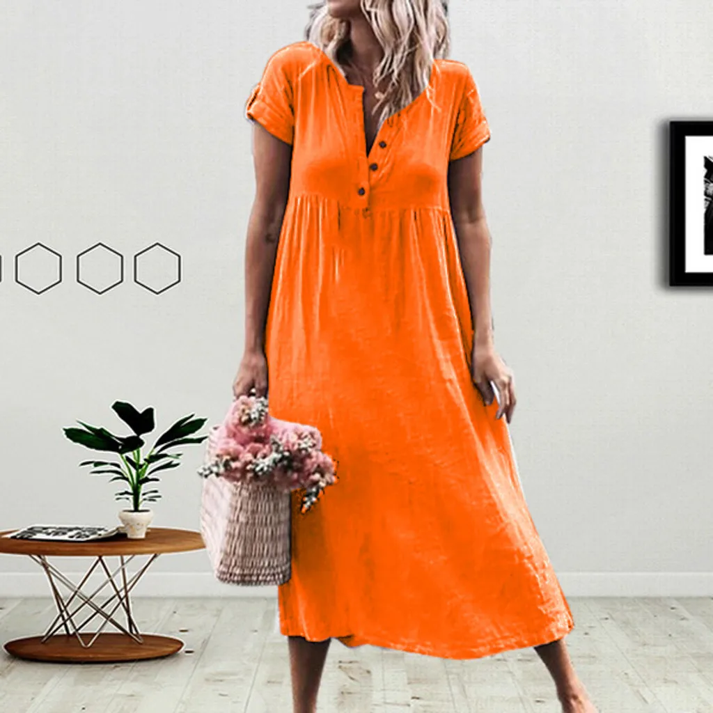 Женское летнее платье Boho с коротким рукавом, льняное длинное платье, свободный сарафан с пуговицами, макси платье Vestidos размера плюс - Цвет: Оранжевый