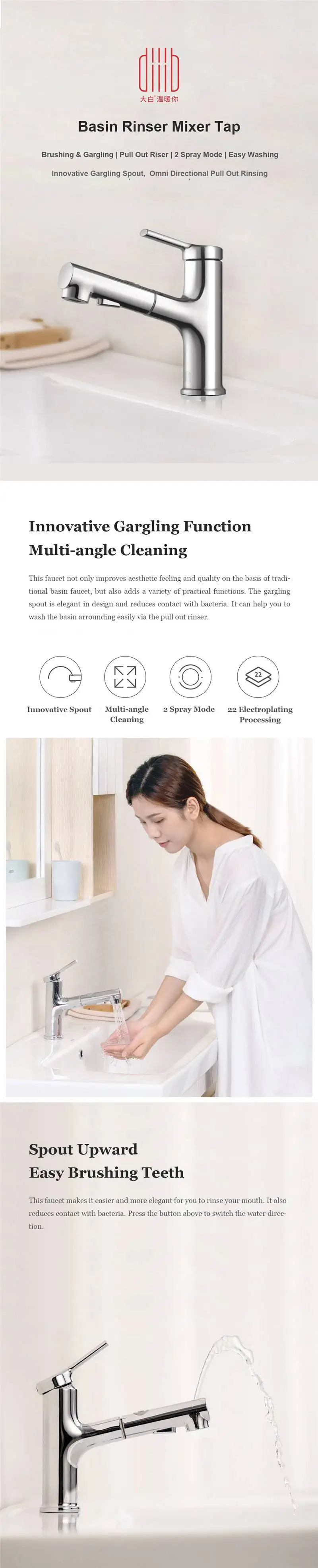 Xiaomi DABAI Bathroom Basin Sink Faucet w Pull Out Rinser Sprayer Gargle Brushing 2 Mode Mixer Tap Cold & Hot Bathtub Faucet (2)