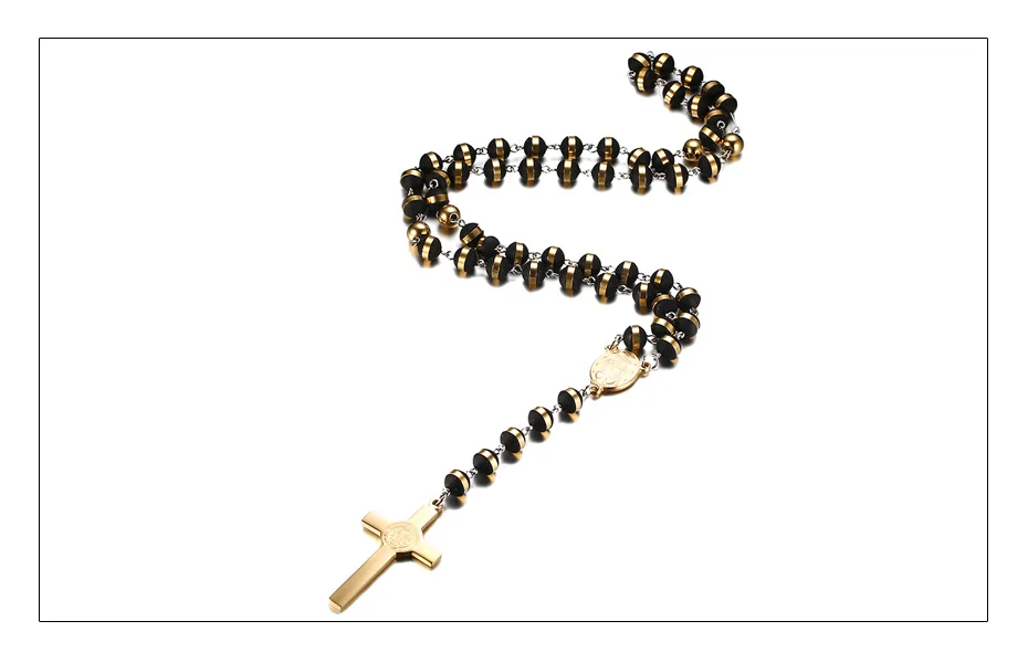 Meaeguet BlackGold Color Long Rosary Necklace For Men Women Stainless Steel Bead Chain Cross Pendant Women's Men's Gift Jewelry (4)