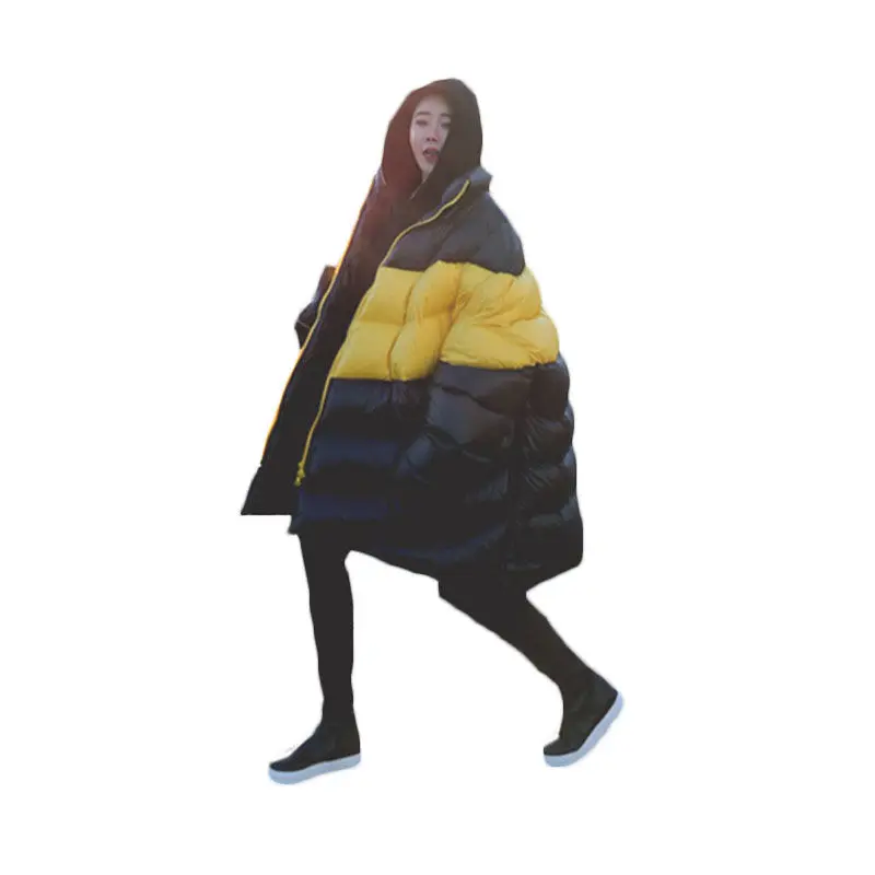 

2018 Winter New Patchwork Color Hooded Parkas Women's Long Bread Clothing Loose Large Size Cloak Type Wadded Jacket Tide LQ372