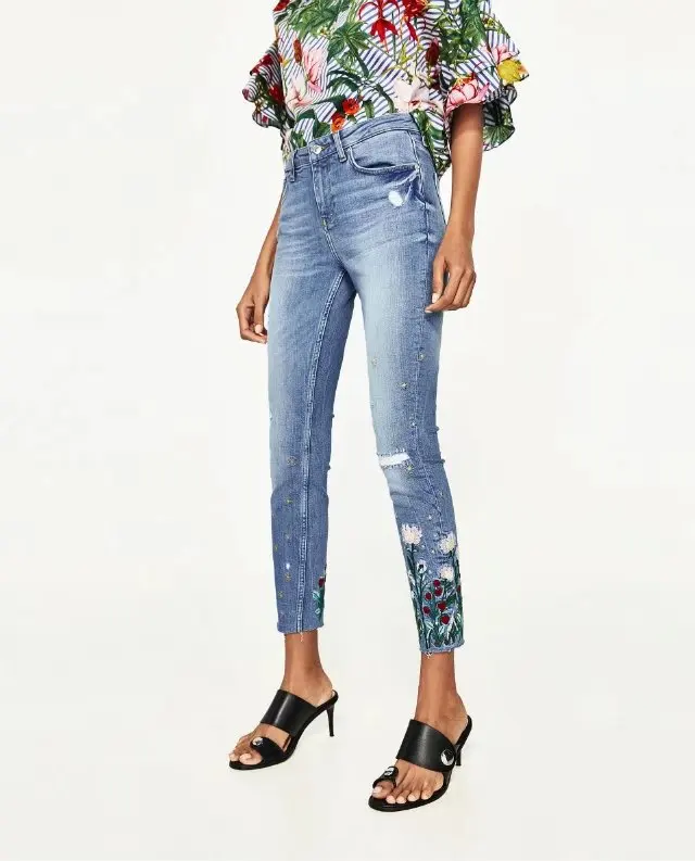 E0429G6 Europe and the United States 2017 new flower embroidery Waist Stretch Jeans 74281 0503