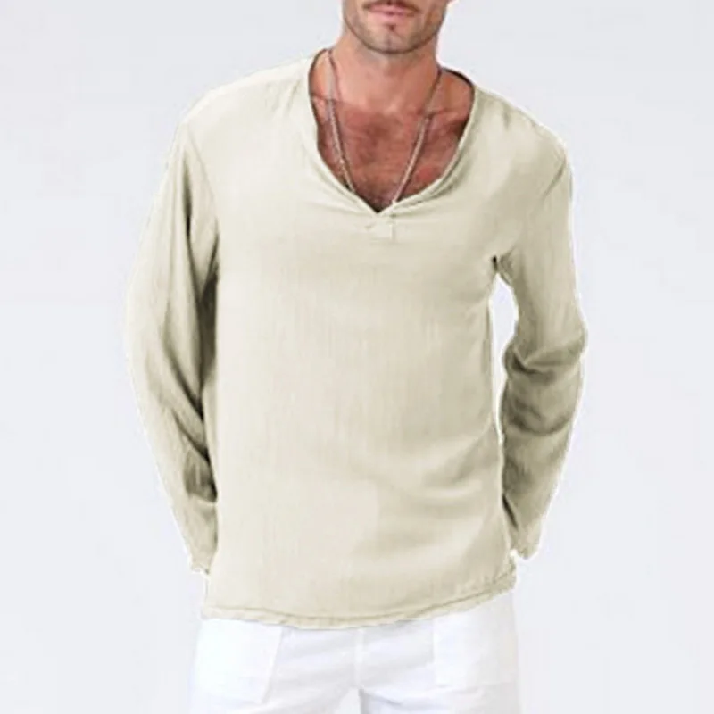

MJARTORIA Men's Casual Autumn Solid Color Long Sleeve T-shirts New V-neck Loose Fashion Comfortable Cotton Linen T-shirts